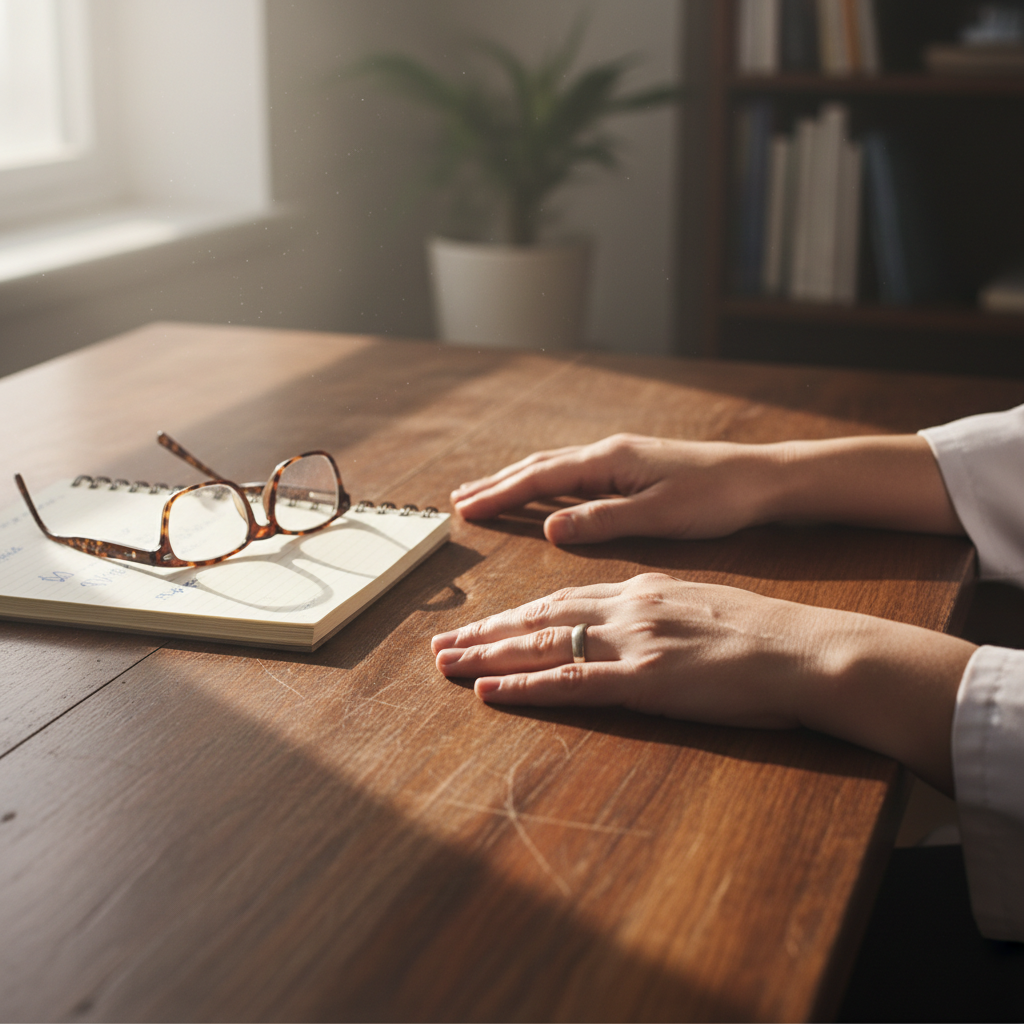 Physician's hands resting on a wooden desk beside an open notebook with reading glasses folded nearby, morning light falling across the surface