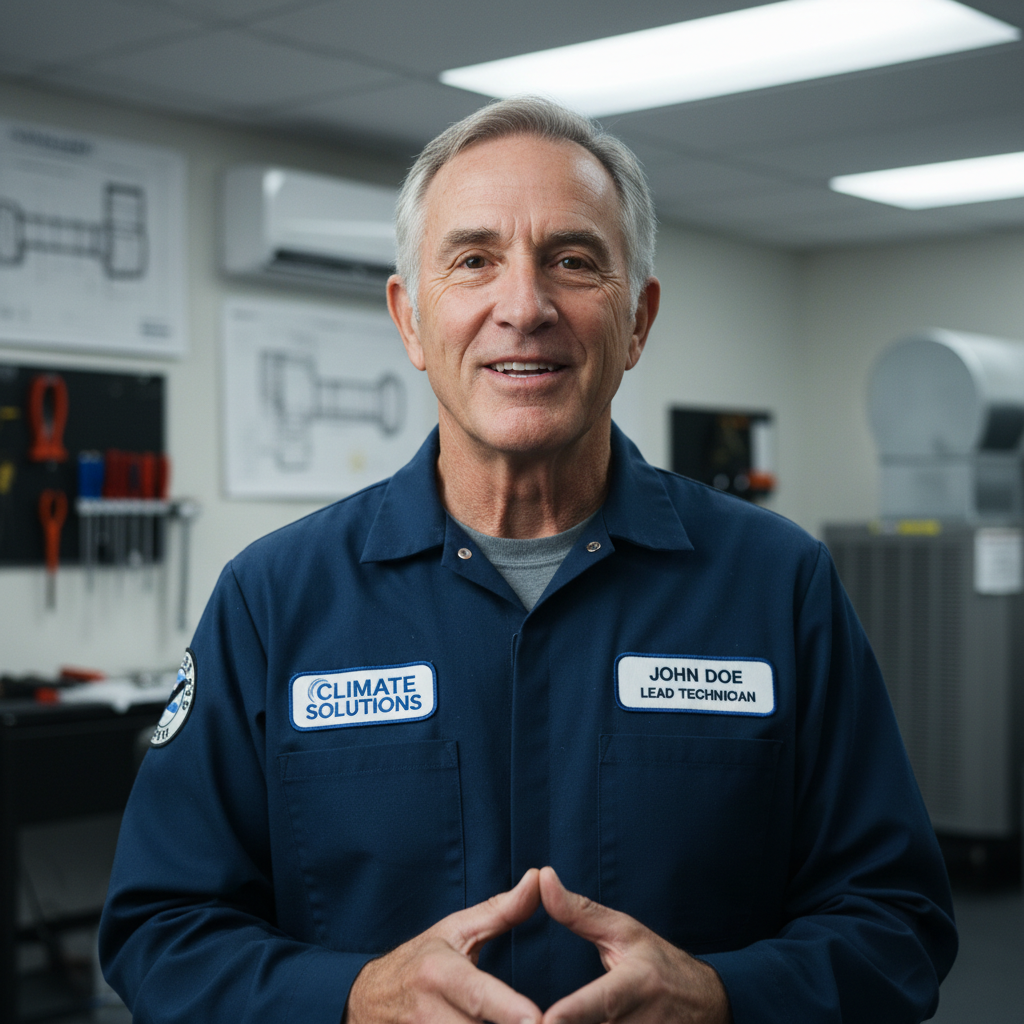 Professional HVAC contractor in blue work uniform standing in workshop