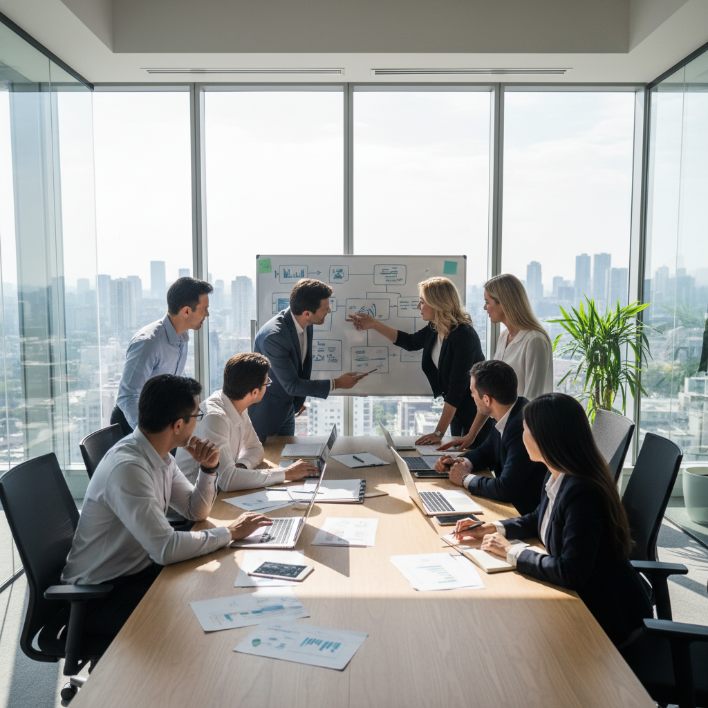Professional business team meeting in a modern corporate office, collaborating on strategic solutions