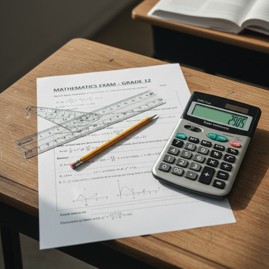 Calculator, ruler and mathematics exam paper on a school desk