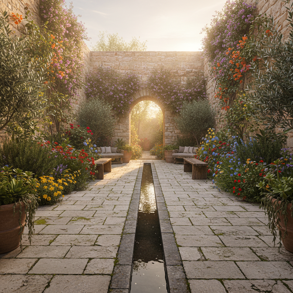 Intimate walled courtyard garden with layered Mediterranean planting, aged limestone paving, and a central water rill catching afternoon light