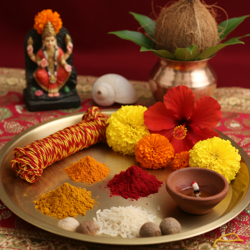 Kumkum and sacred offerings at Hindu temple