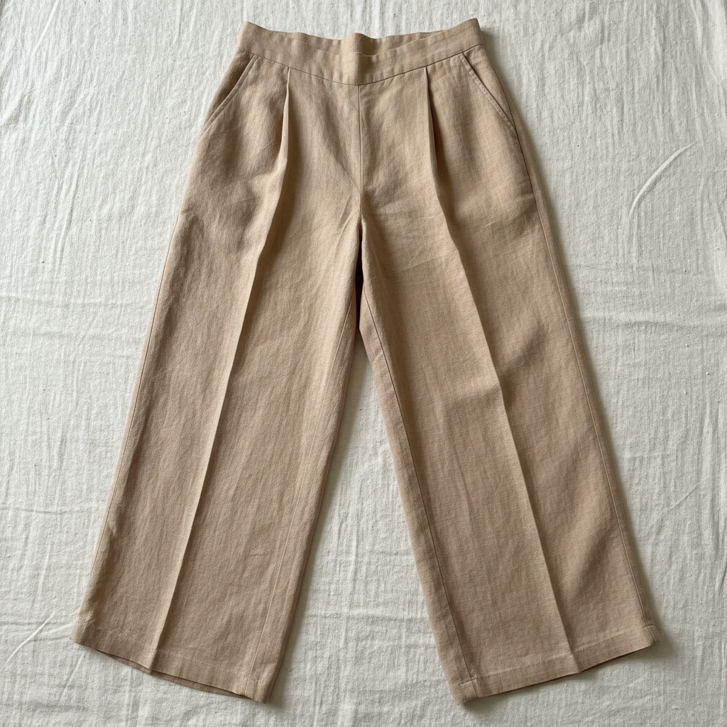 Beige linen wide leg trousers laid flat on clean white surface