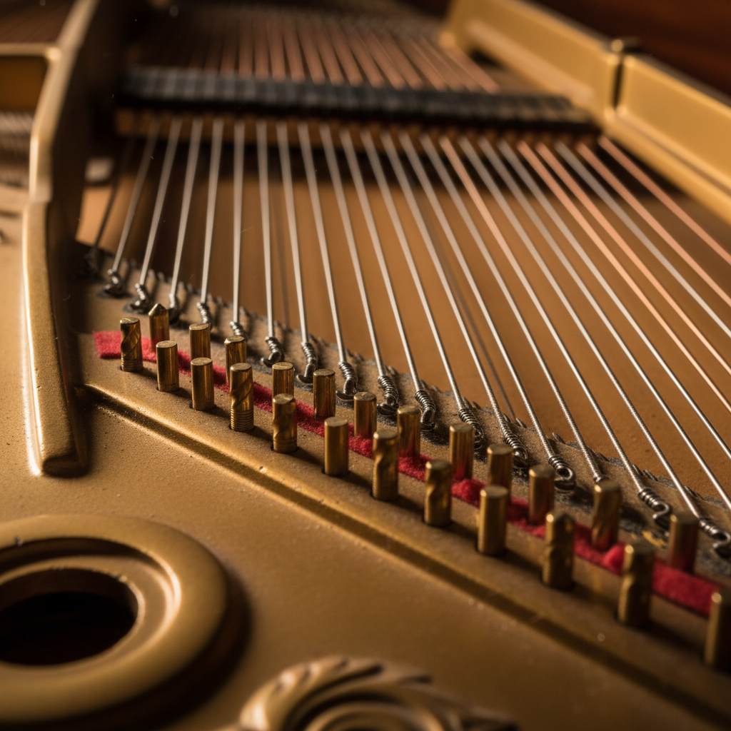 Close-up of piano strings and tuning pins inside a grand piano harp, warm brass tones