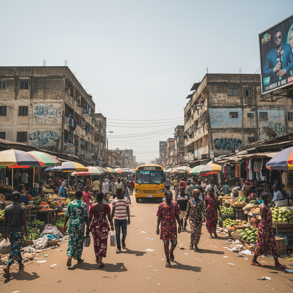 Two Nigerian business professionals shaking hands at an outdoor market, smiling, warm afternoon light, colourful market stalls in background