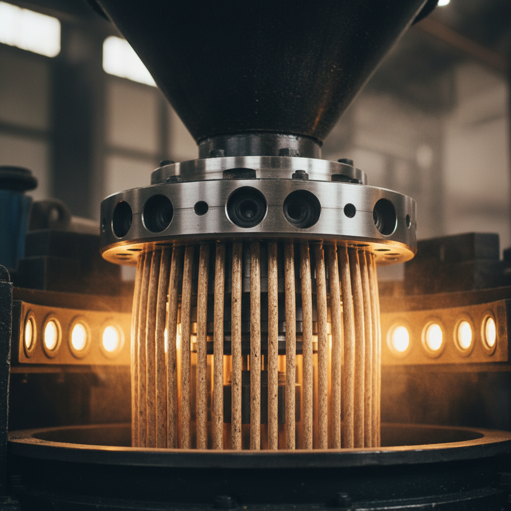 Close-up of wood pellets being extruded from a ring-die press, golden cylinders emerging from die holes under industrial lighting
