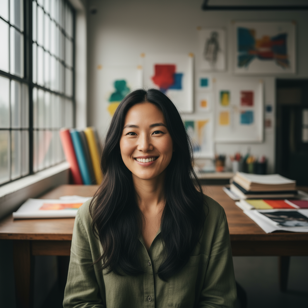 Creative professional woman smiling, design studio environment, natural lighting