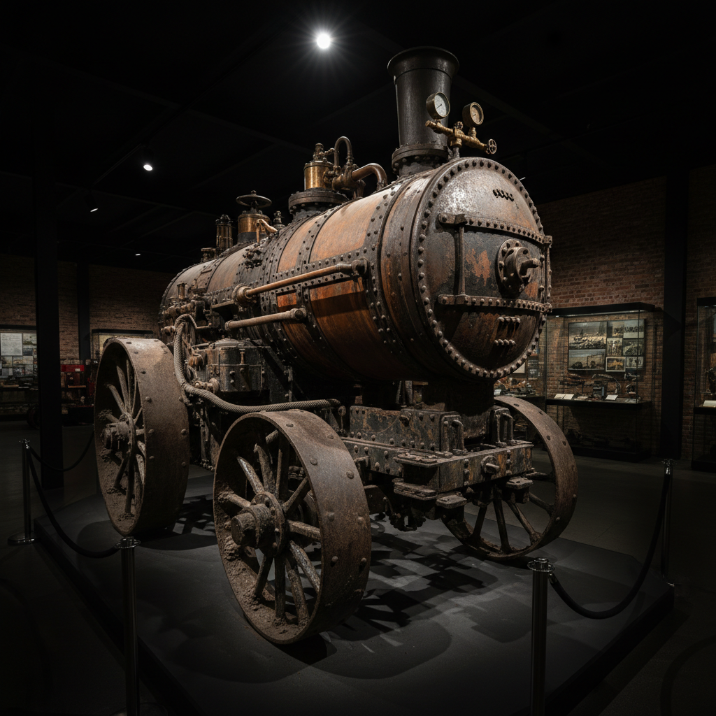 Historic steam-powered artillery tractor replica in dim museum hall, aged iron and copper boiler under dramatic spotlight