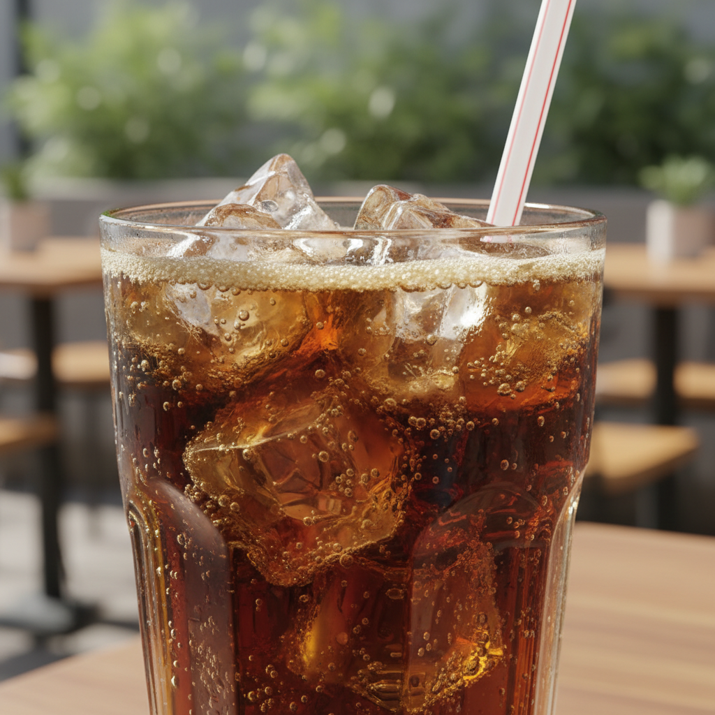 Gaseosa grande Frisby: vaso grande con bebida carbonatada con hielo y pitillo