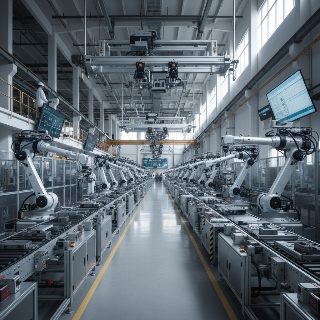 Industrial manufacturing facility with automated machinery and assembly line equipment in operation