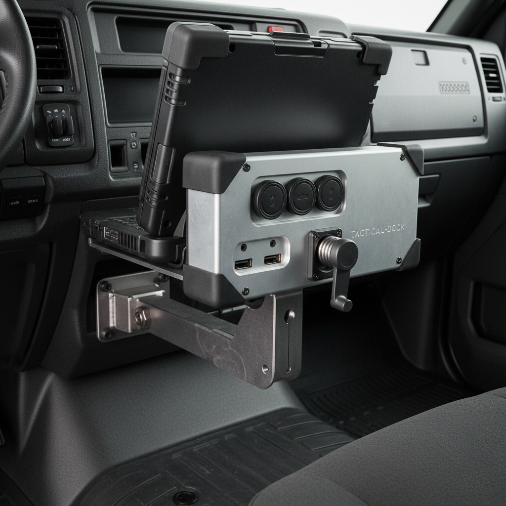 Rugged laptop docking station mounted in a government vehicle