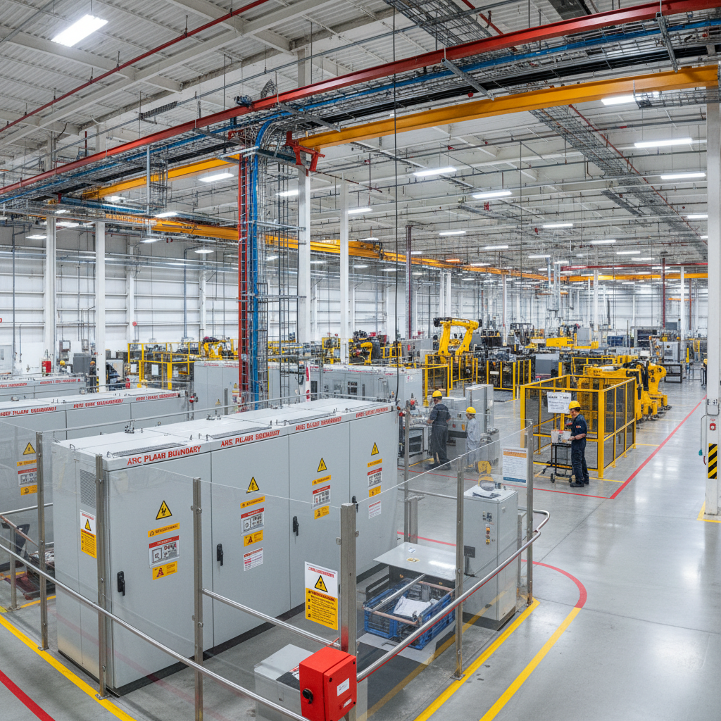 Wide shot of a modern steel manufacturing plant with bright industrial lighting, structural steel coils and beams, workers in safety equipment, clean organised production floor