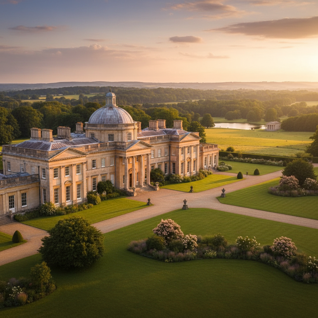 Grand Palladian country house hotel, sweeping driveway, lush parkland, golden light