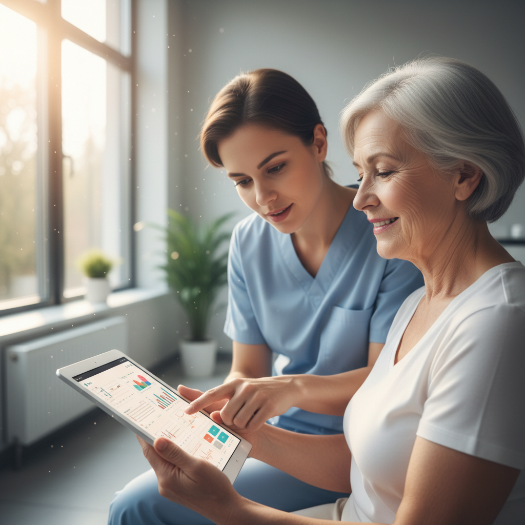 Nurse reviewing patient chart on modern medical tablet — funded medical technology in Kings County