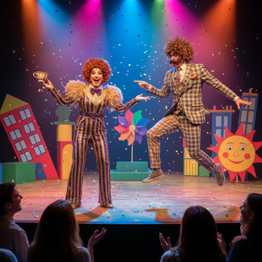 Bright comedy set with colorful production design and two actors in mid-scene