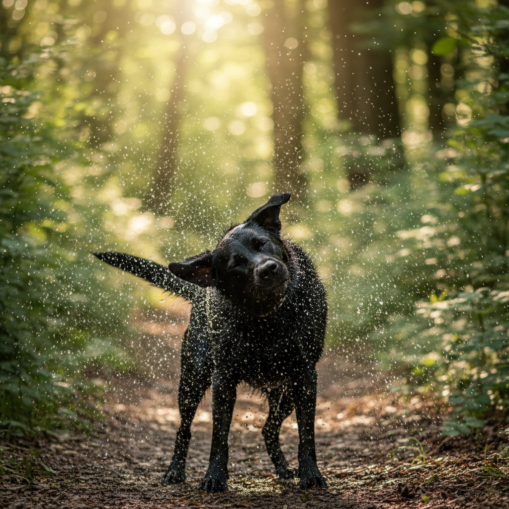 Black Lab mid-shake after a bath with water droplets flying
