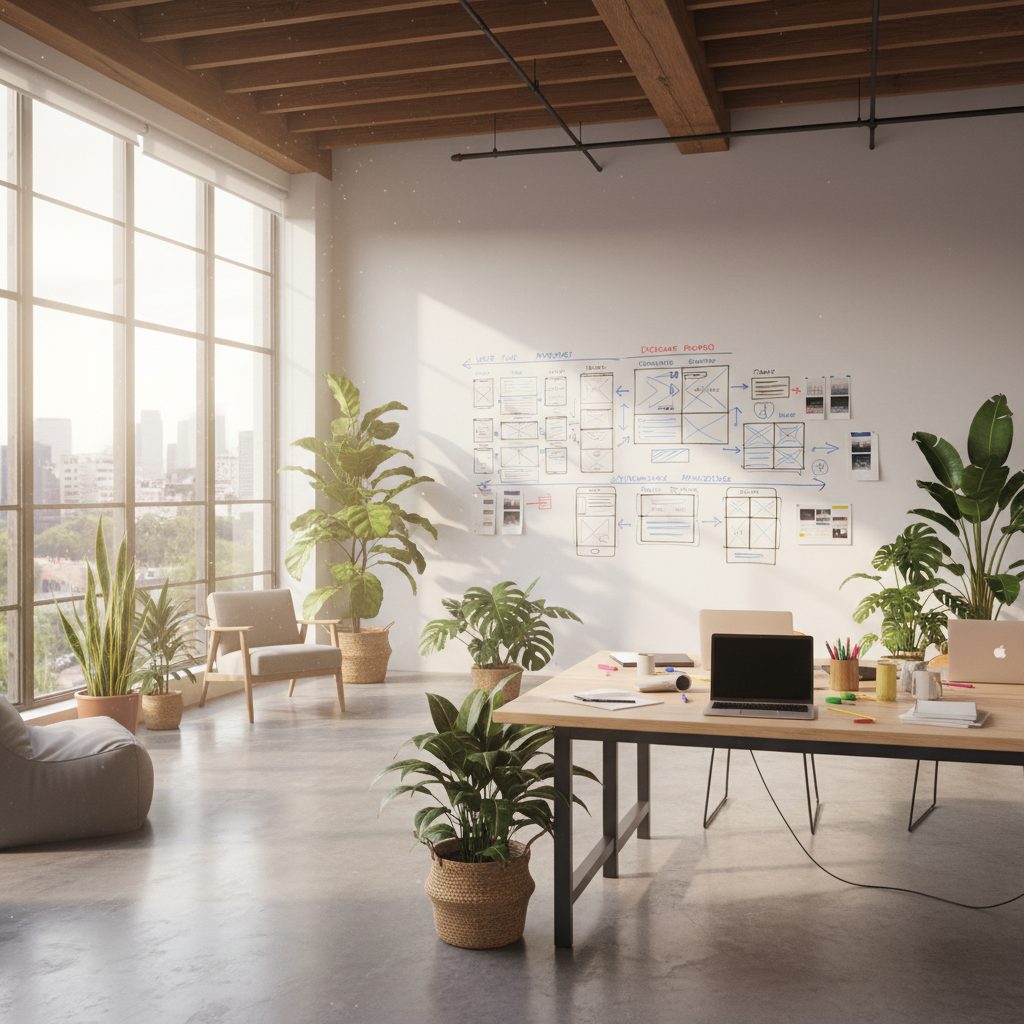 Grid layout diagram on bright whiteboard in airy office, clear natural light