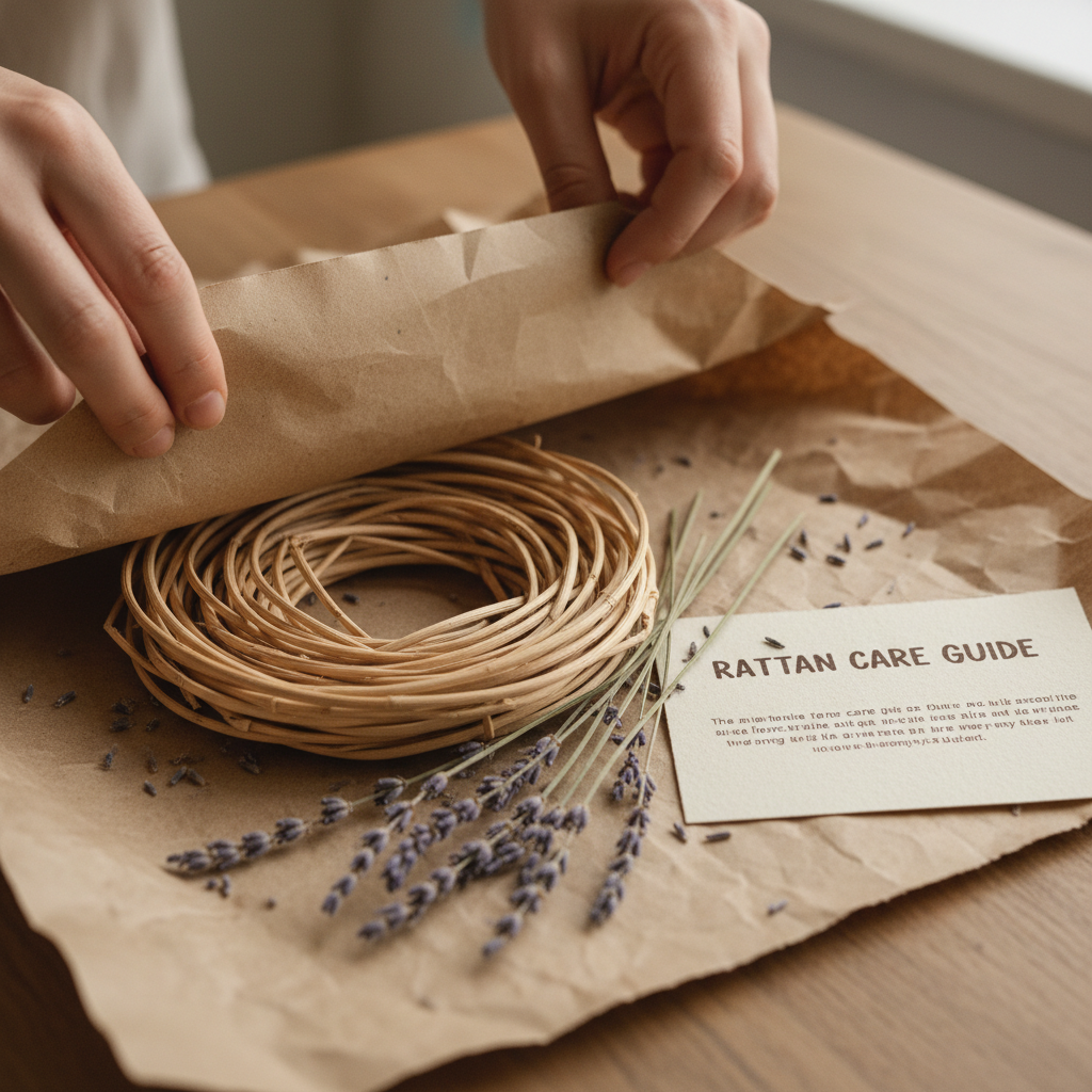 Hands unwrapping kraft paper to reveal coiled rattan, dried lavender and a hand-stamped care guide