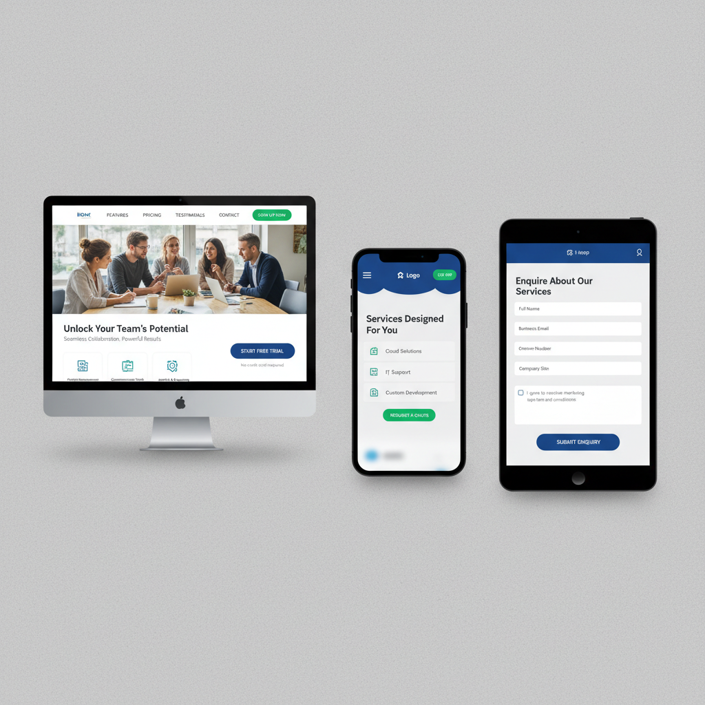 Desktop landing page, mobile service page and enquiry form interfaces designed for conversion