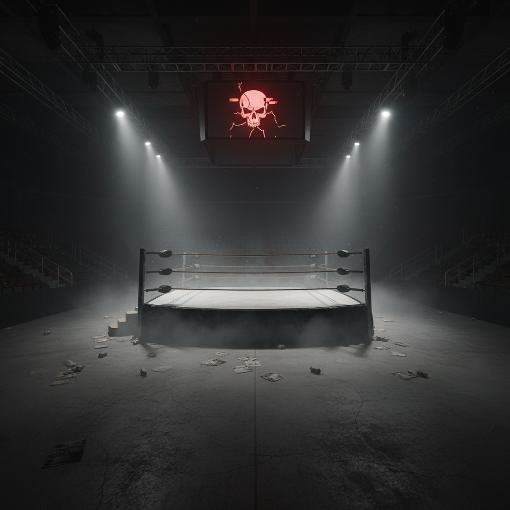 Wrestling arena with dramatic overhead spotlight — dark gymnasium, dusty arena floor, harsh single light source, cinematic sports atmosphere