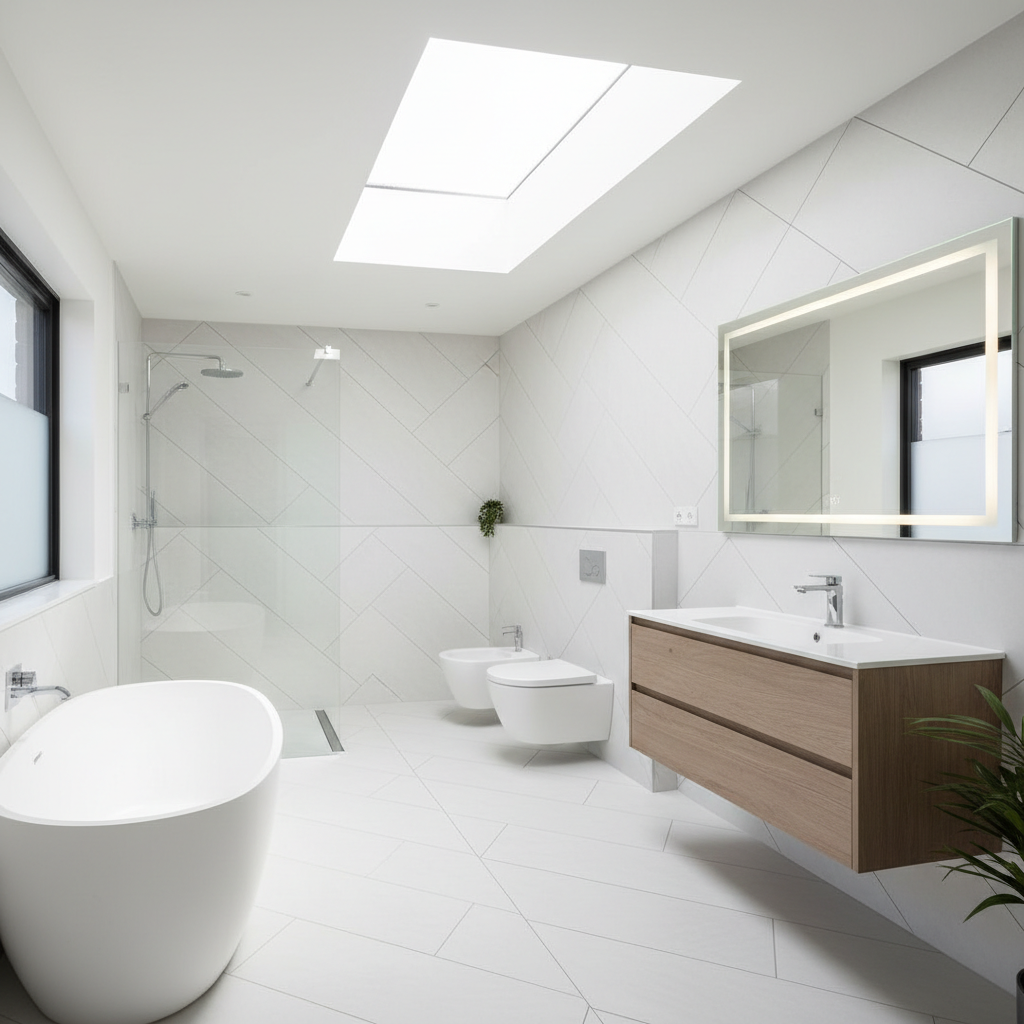 Finished bathroom interior showing diagonal layout, continuous tile plane and natural light from rooflight