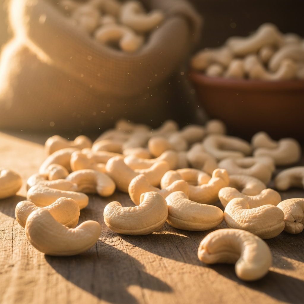 Raw cashews in warm golden light