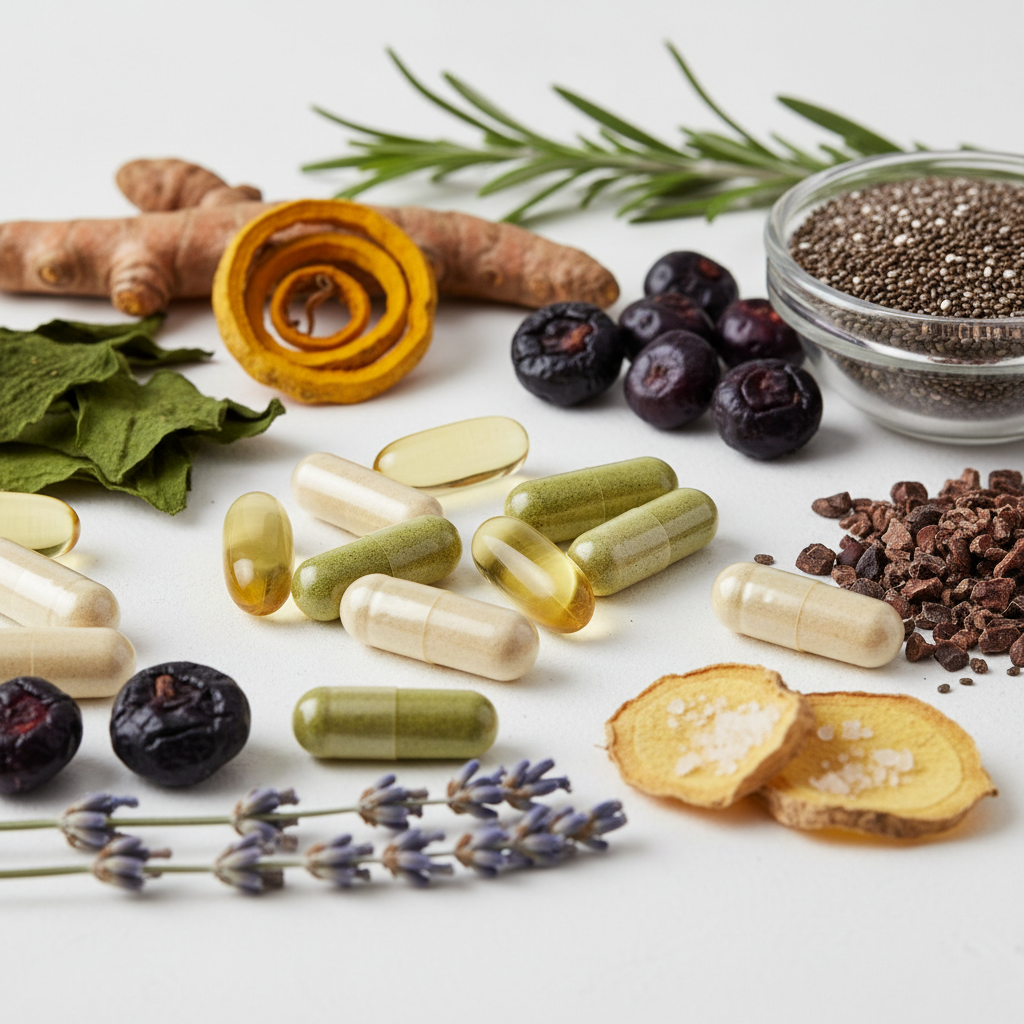 Wellness supplement ad with natural ingredients and clean white packaging layout