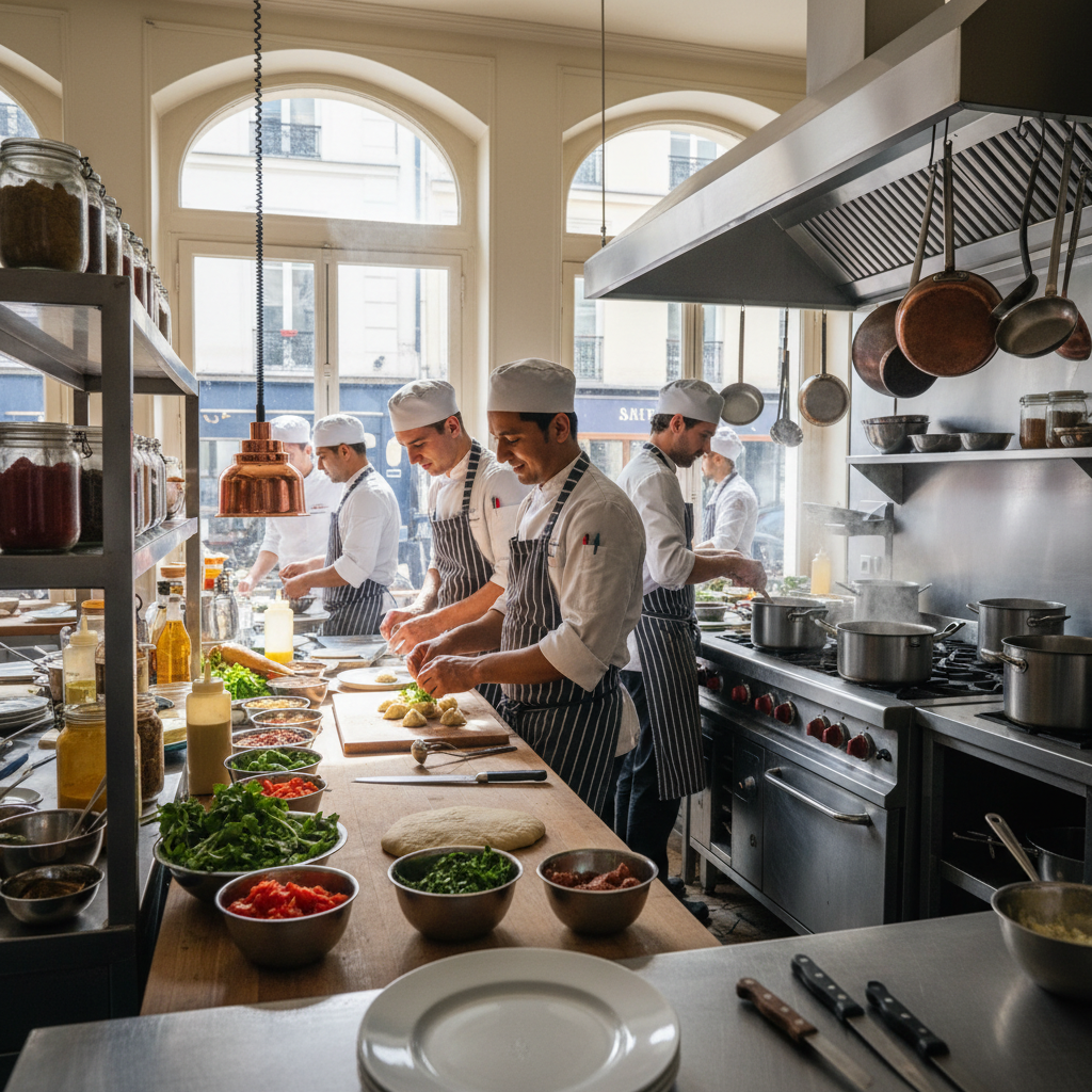 Professional kitchen with chefs in white uniforms preparing food, bright overhead lighting, clean surfaces