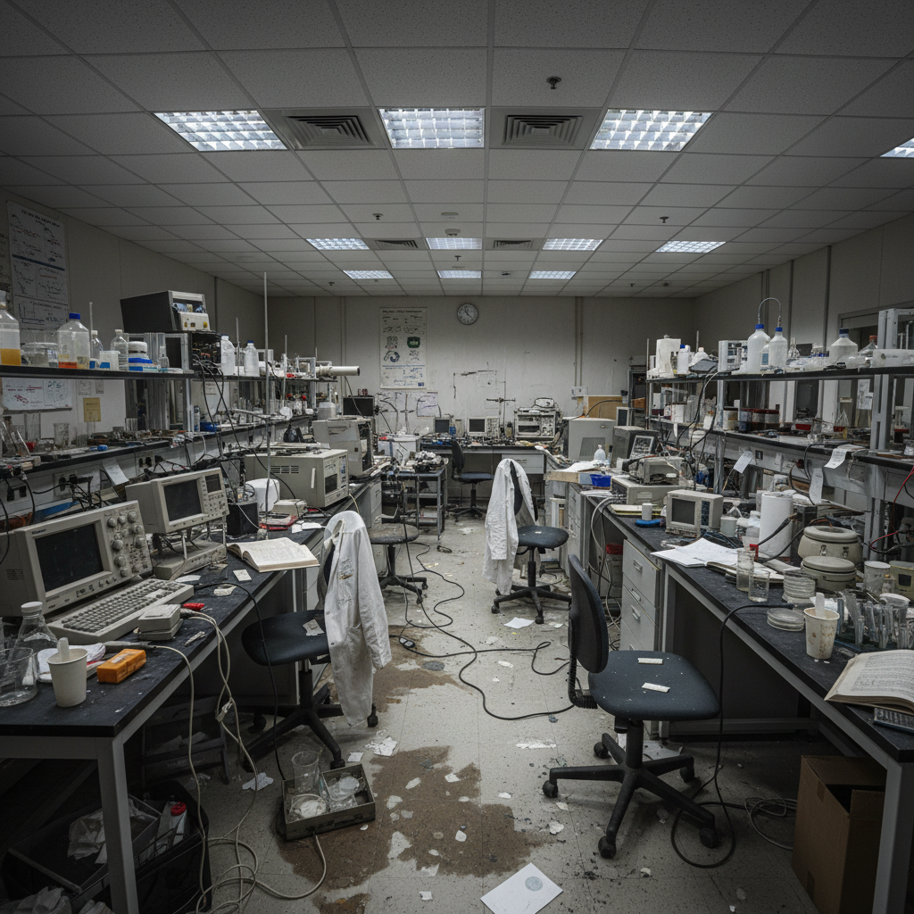 Cluttered laboratory workspace with disorganized equipment showing poor research conditions