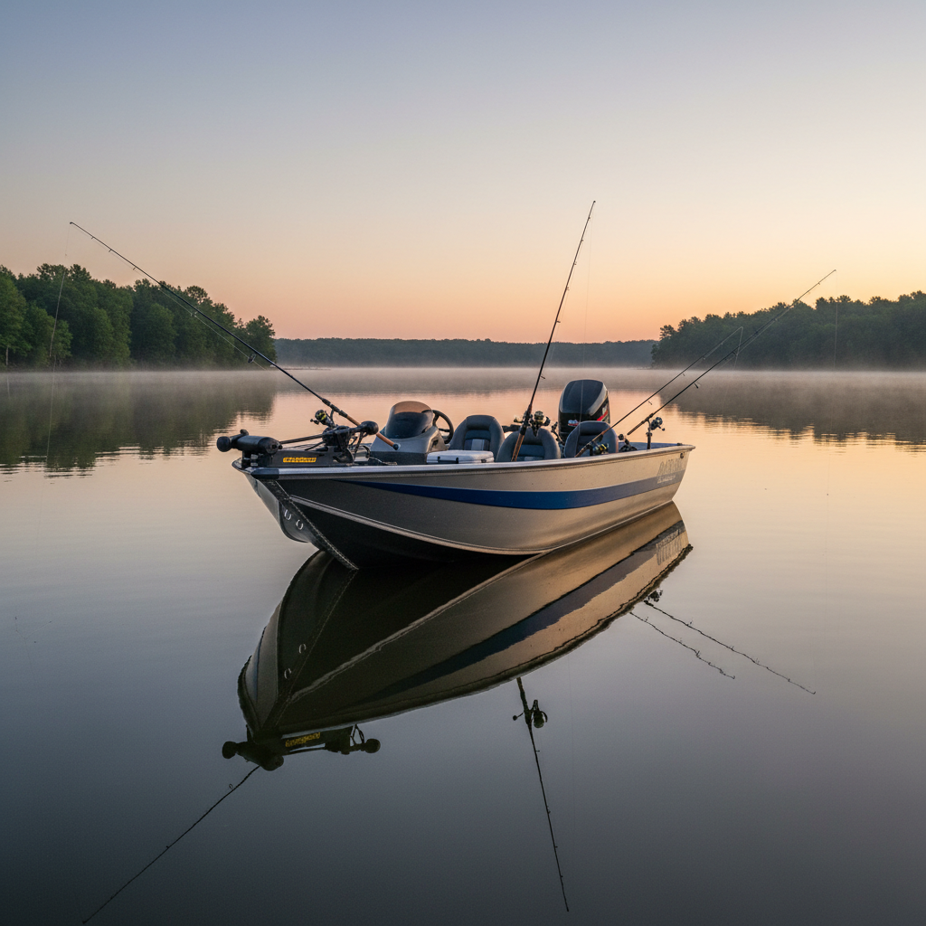 Aluminum bass boat on calm lake at dawn with fishing rods rigged