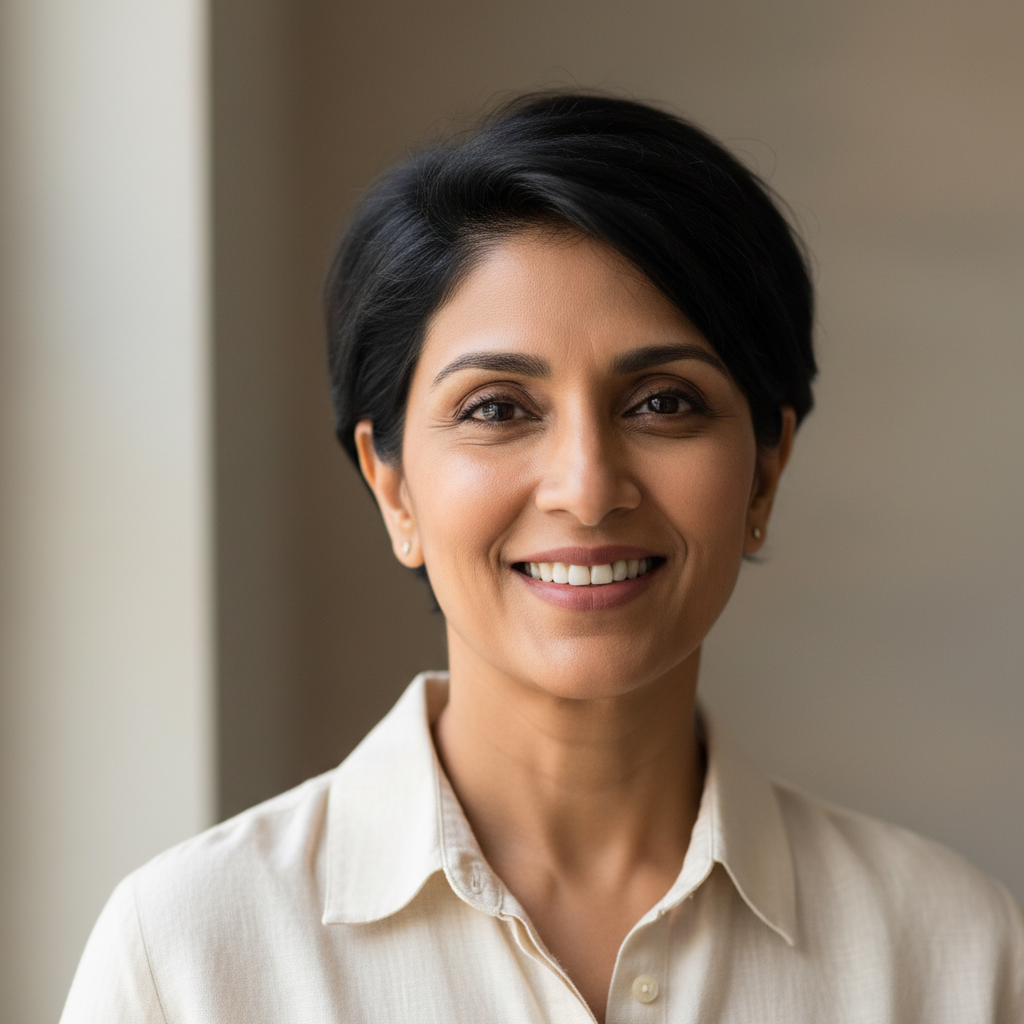South Indian woman in professional attire smiling confidently against neutral background