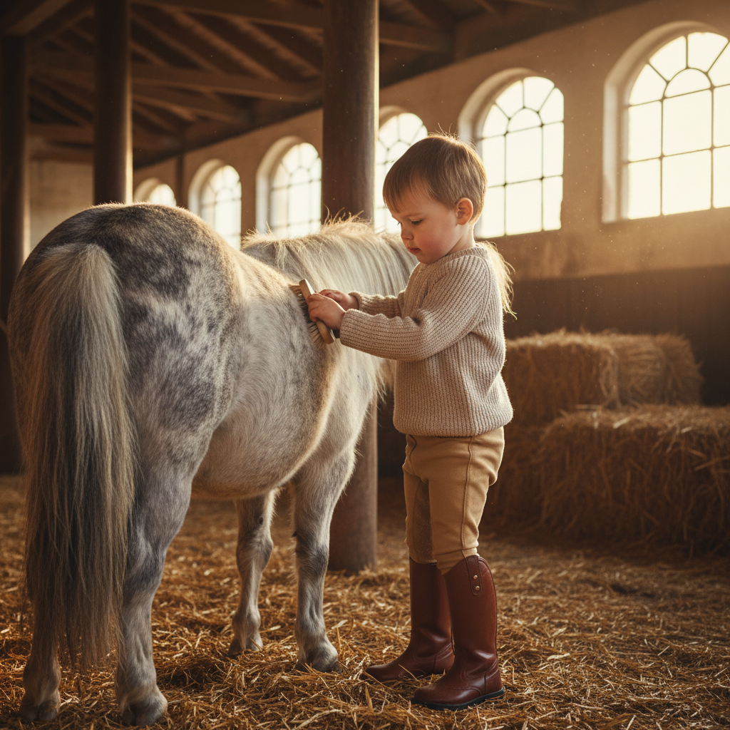 Child in jodhpurs and paddock boots brushing a pony in a sunlit stable, showing the scale of the gear against small hands