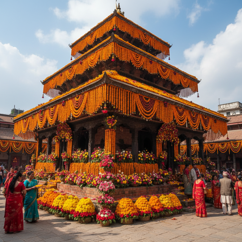 Special puja ceremony with marigold garlands and lamps at temple