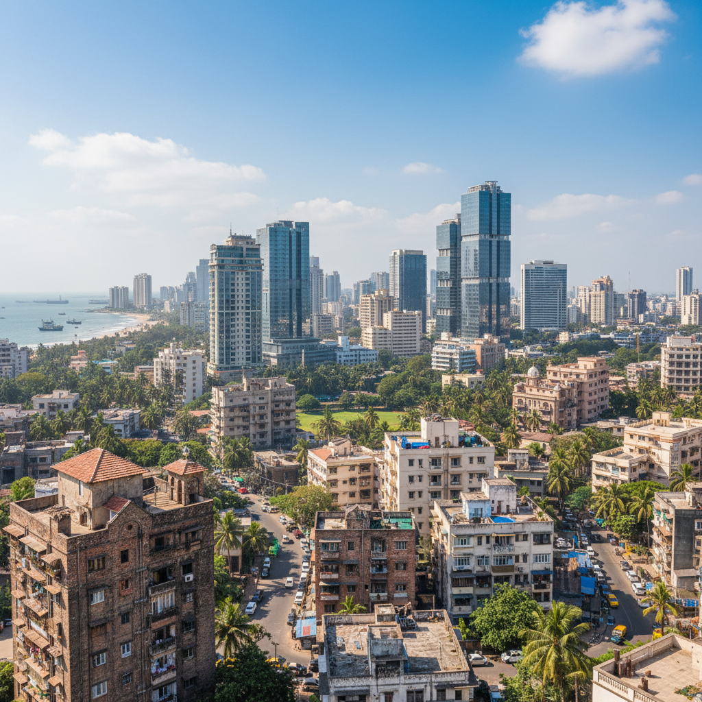 Mumbai skyline with iconic high-rise buildings and the Arabian Sea in background