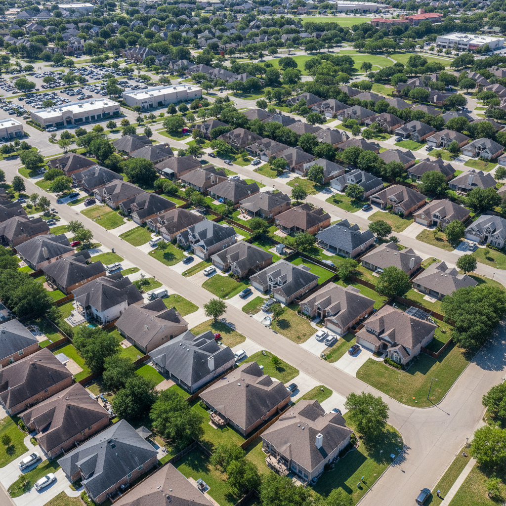 Aerial view of suburban residential lots with clear property boundary lines visible, Houston County Georgia neighborhood