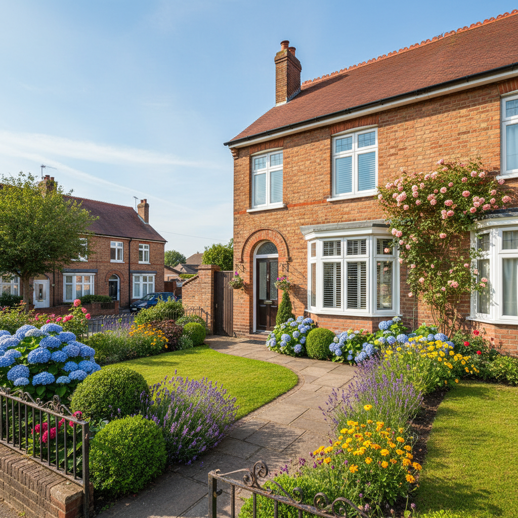 Residential brick home exterior, warm tones, well-maintained masonry, bright daylight