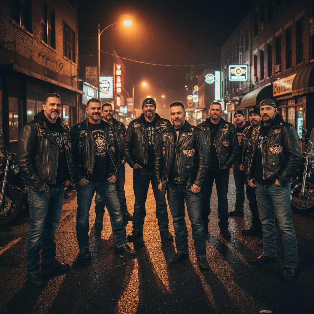 Group of motorcycle club members in leather jackets gathered around bikes at a roadside stop, camaraderie
