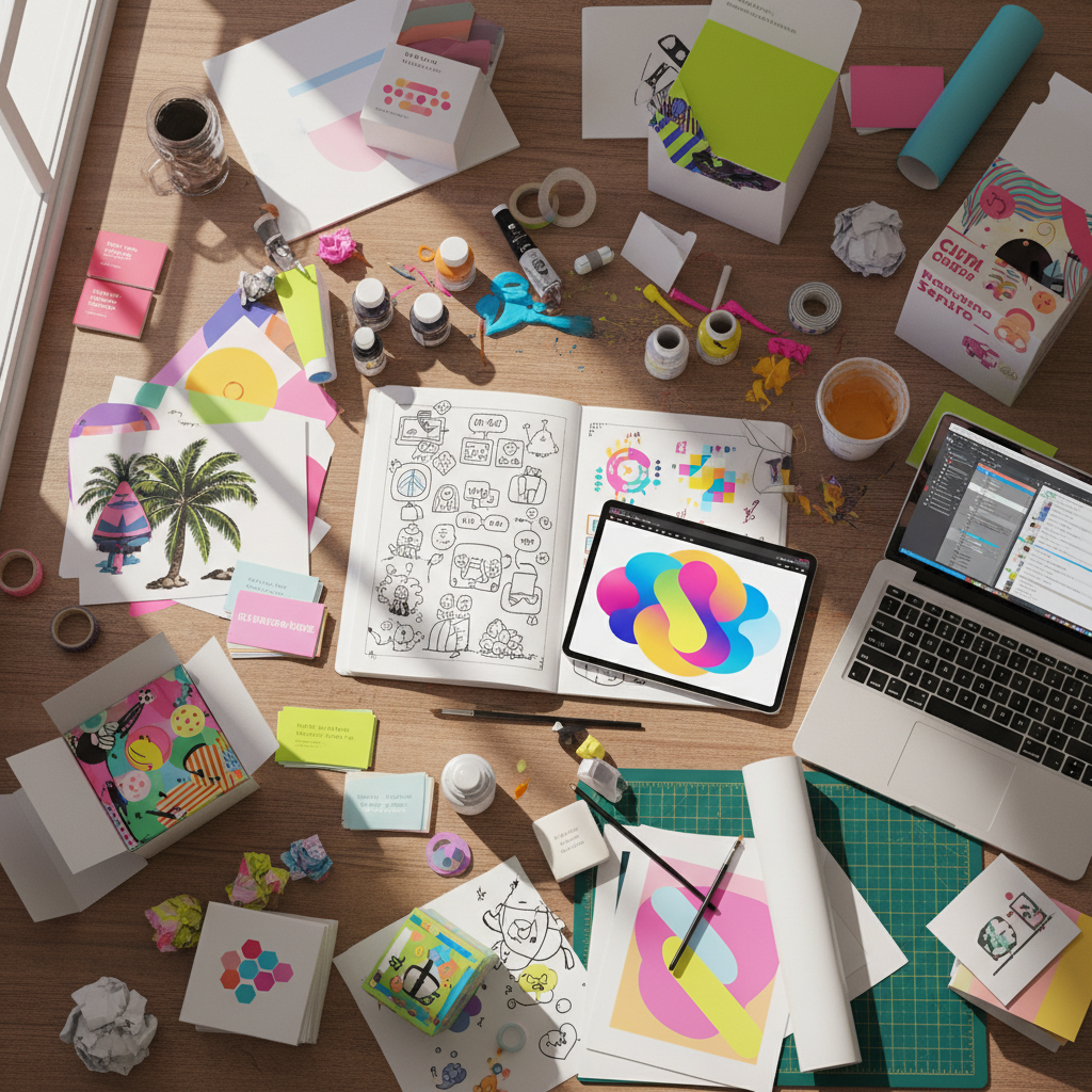 Creative design assets spread on white surface