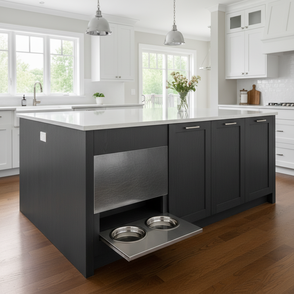 Kitchen island with integrated pet feeding station, stainless steel recess, and scratch-resistant millwork