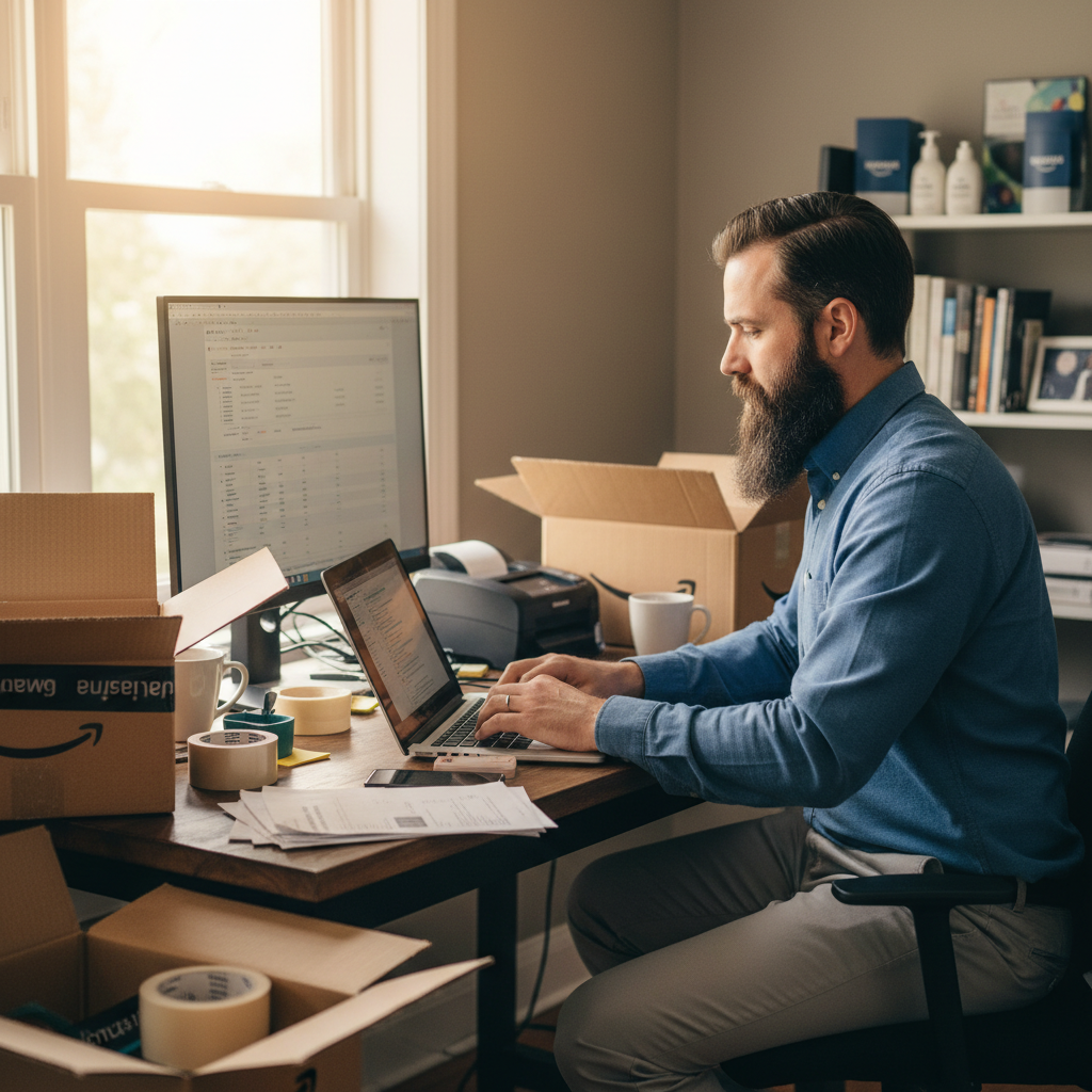 Marcus Delacroix Amazon seller with beard in casual business attire at desk