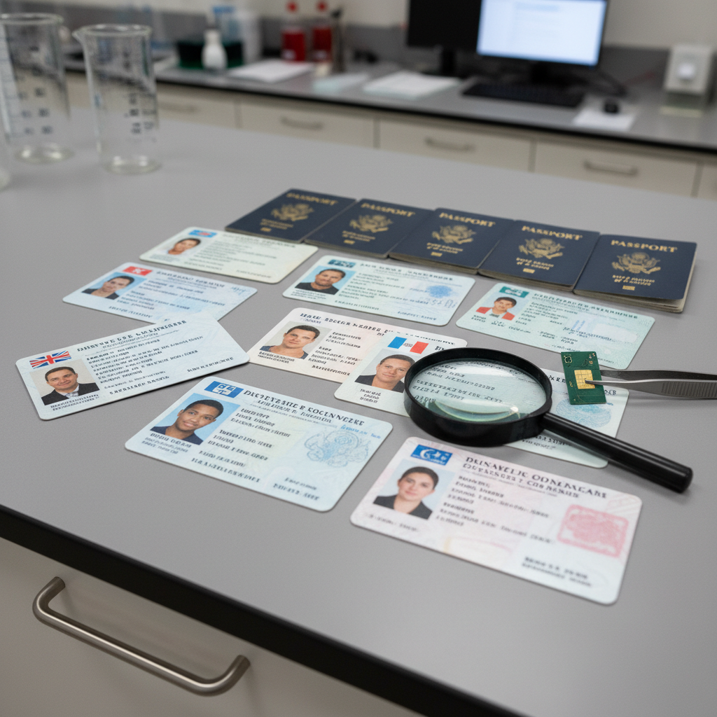 Stack of official immigration documents and passport on a clean white desk