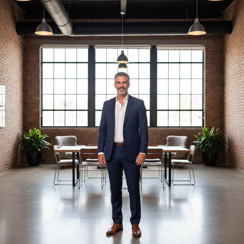 Principal portrait, formal attire, warm smile, professional office background, dark blue walls