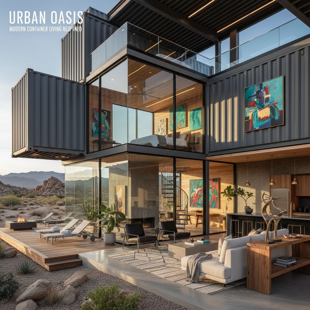 Editorial tier container home staged as magazine feature with custom art pieces and premium photography