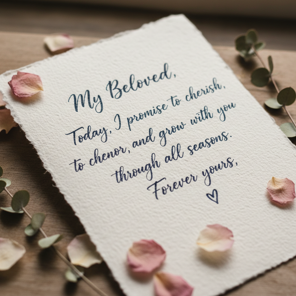 Close-up of handwritten vow card on cotton paper beside dried flower petals