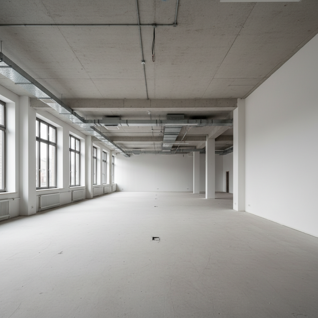 Empty concrete office shell with exposed ceiling grid and bare windows