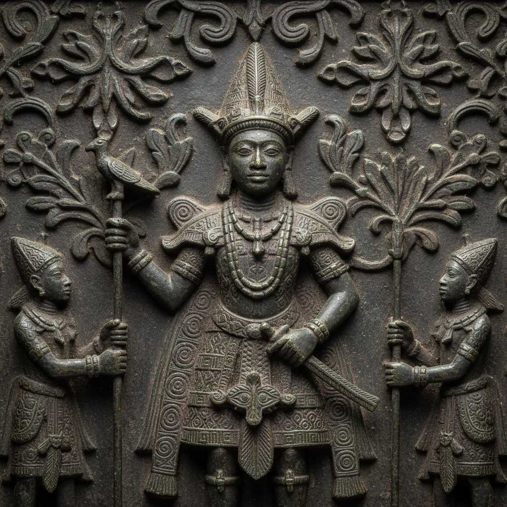 Traditional Benin bronze plaque with intricate relief carvings depicting historical Nigerian royal court scenes