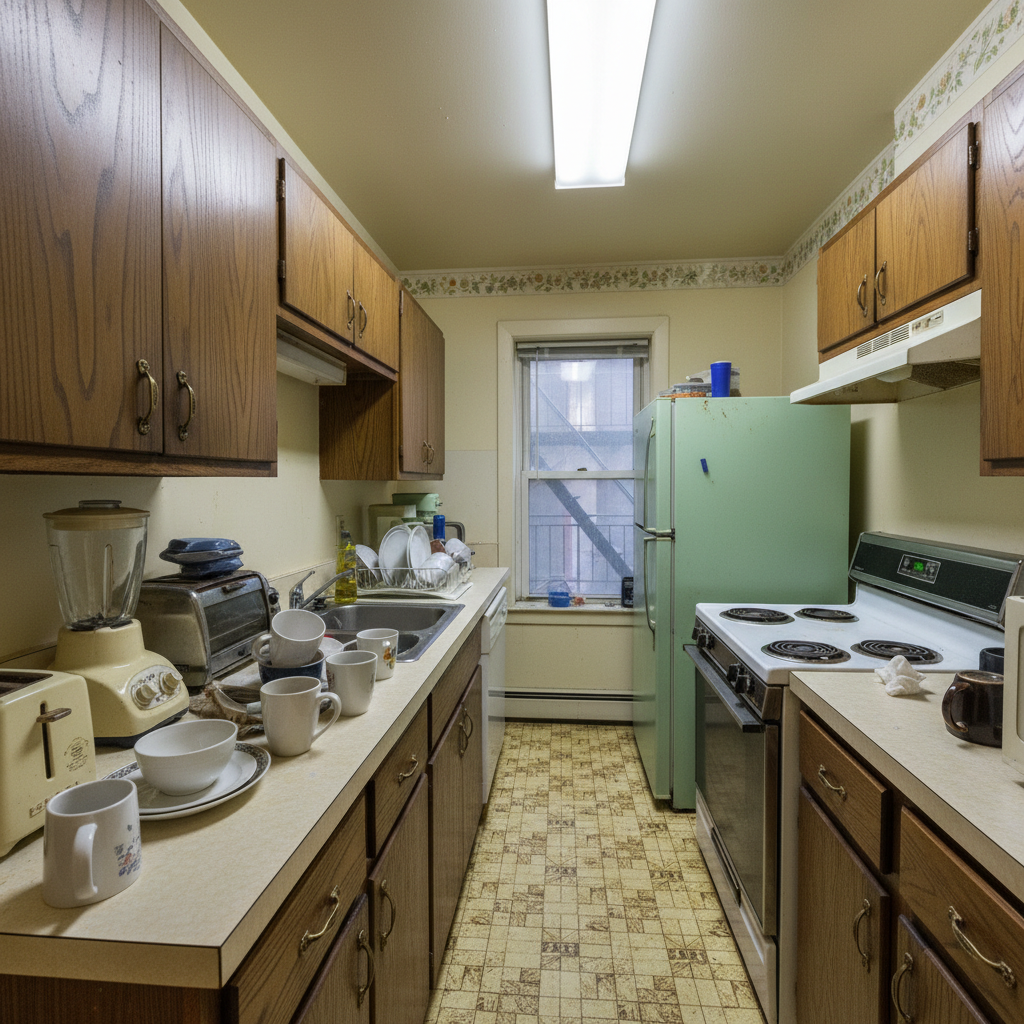 Cocina pequeña con distribución obsoleta antes de reformar