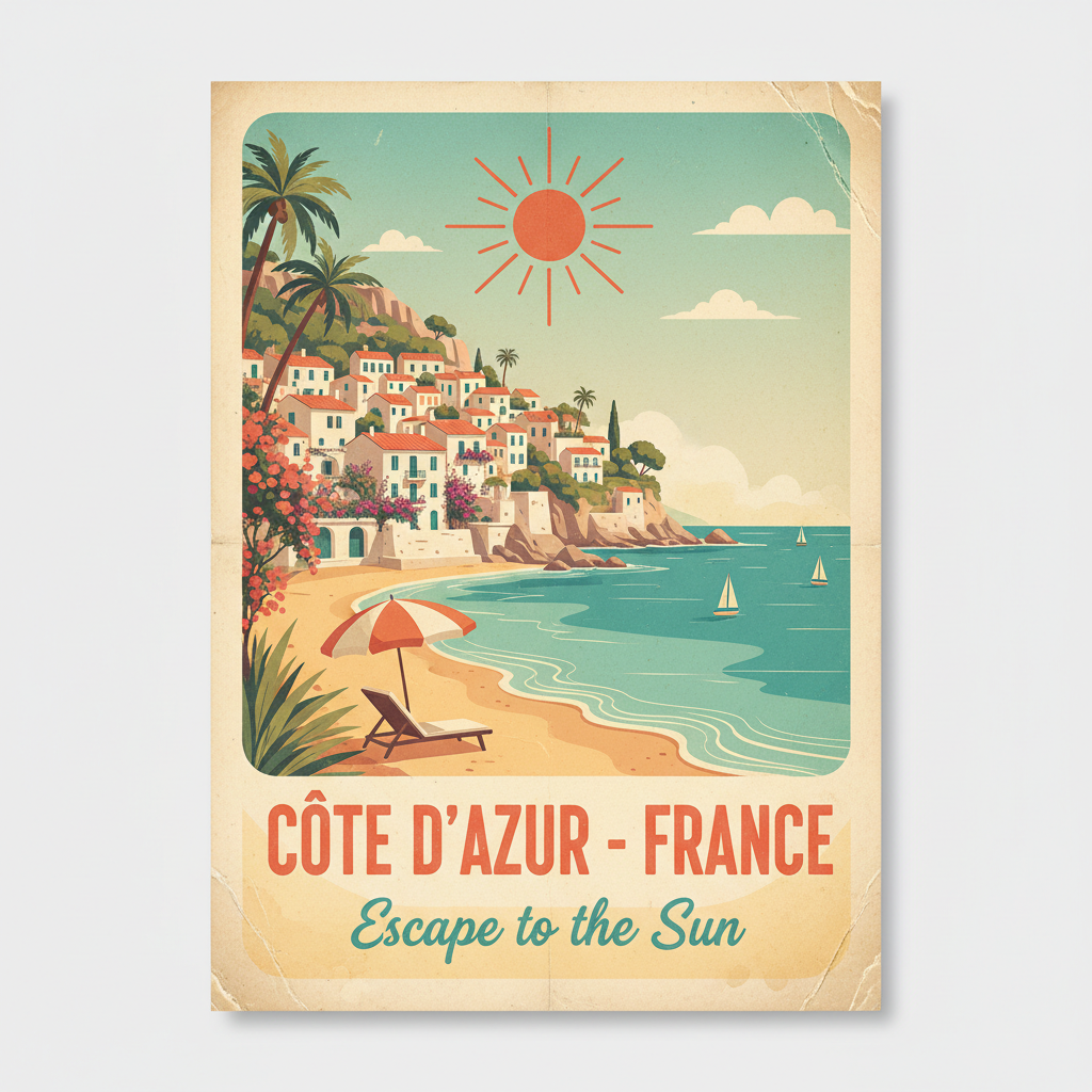 Sun-faded French Riviera coastal travel poster in warm coral and turquoise tones