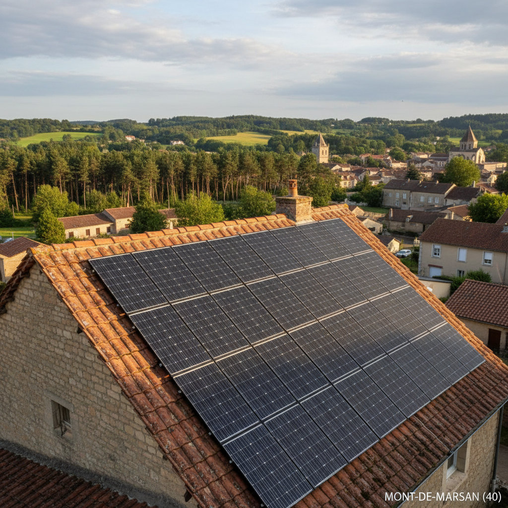 Two solar panels on village home rooftop, rural setting, bright afternoon light, technician completing wiring