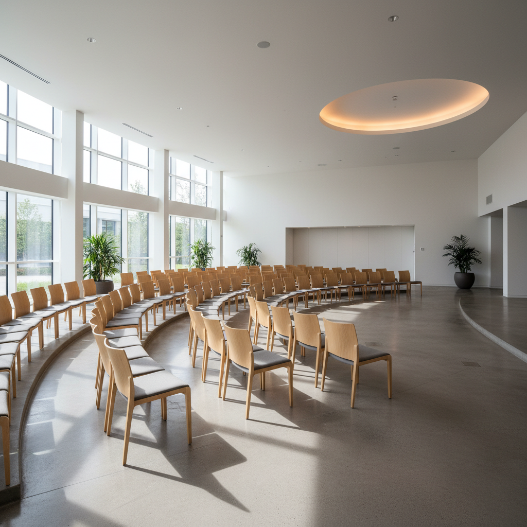 Fan-shaped seating arrangement in a modern worship space with good sightlines